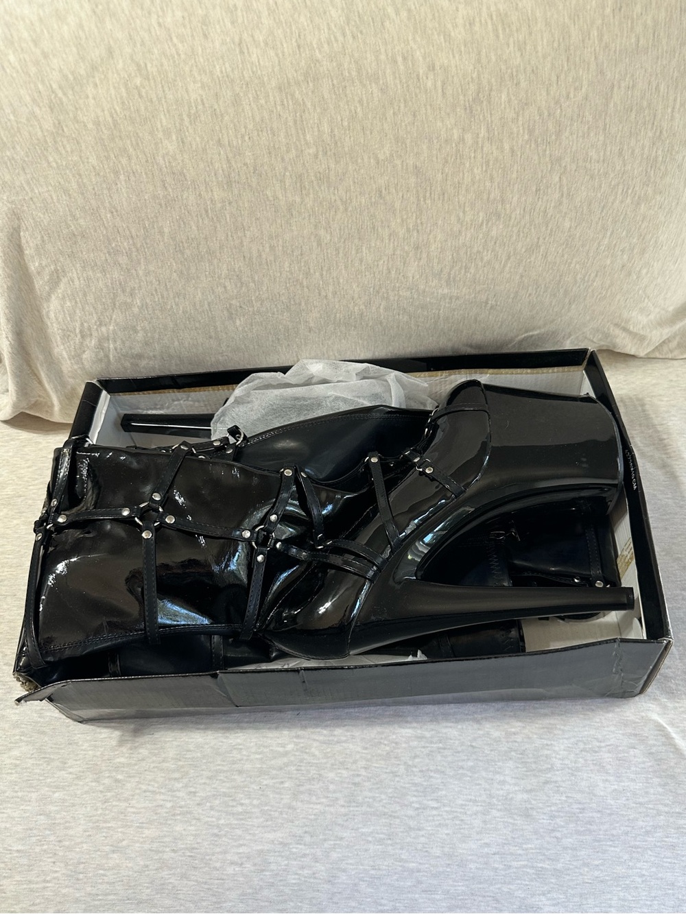 Ellie Shoes Black Thigh-High Heeled Platform Boots with Studded Straps - Size 10